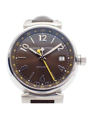 Louis Vuitton Tambour GMT Automatic Winding Watch Brown Dial Leather Strap